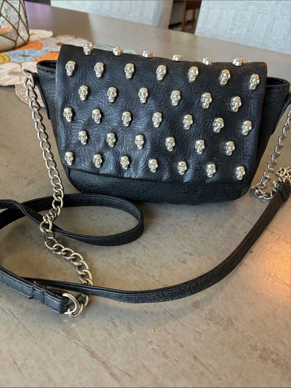Yoki Black Crossbody Bag with Silver Skull Studs and Chain Strap
